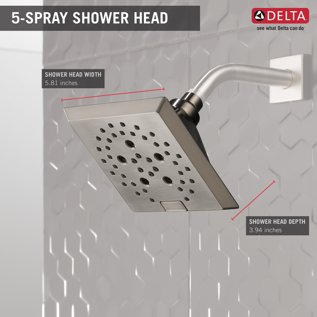 Delta Universal Showering Components: H2Okinetic® 5-Setting Angular Modern Raincan Shower Head - Stainless