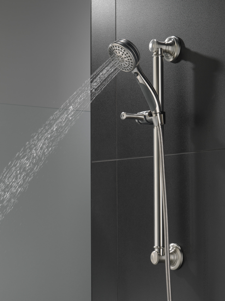 Delta Universal Showering Components: Activtouch® 9-Setting Hand Shower With Traditional Slide Bar / Grab Bar - Stainless