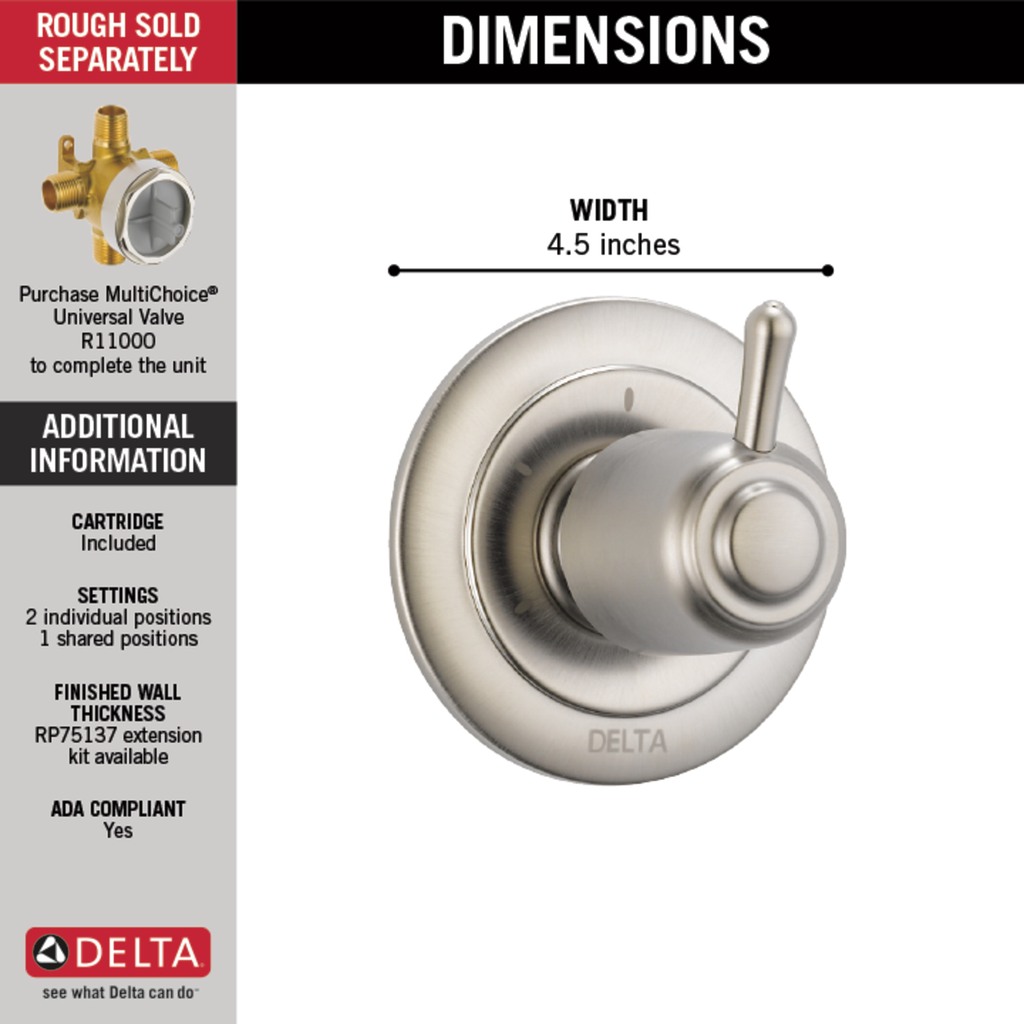 Delta Other: 3-Setting 2-Port Diverter Trim - Single Handle Lever - Stainless
