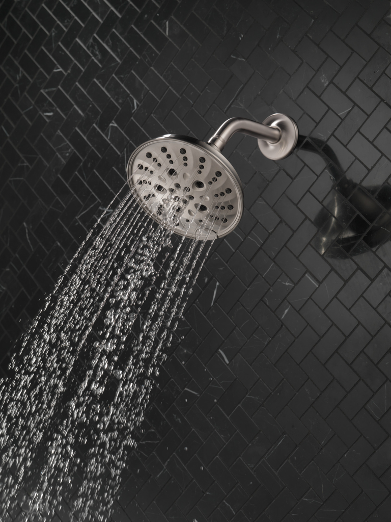 Delta Universal Showering Components: H2Okinetic® 5-Setting Traditional Raincan Shower Head - Lumicoat® Stainless