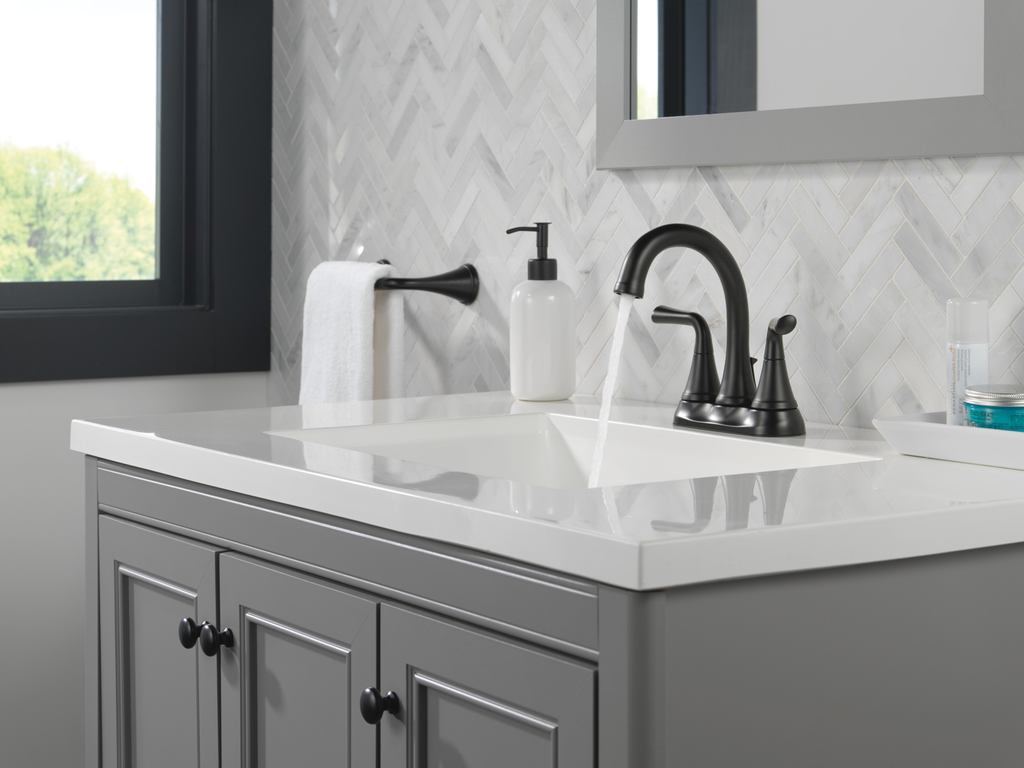 Delta Kayra®: Two Handle Centerset Bathroom Faucet - Two Handle Lever - Matte Black