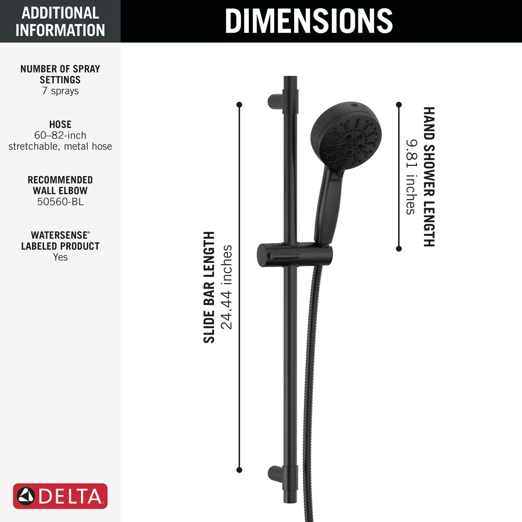 Delta Universal Showering Components: 7-Setting Slide Bar Hand Shower With Cleaning Spray - Matte Black