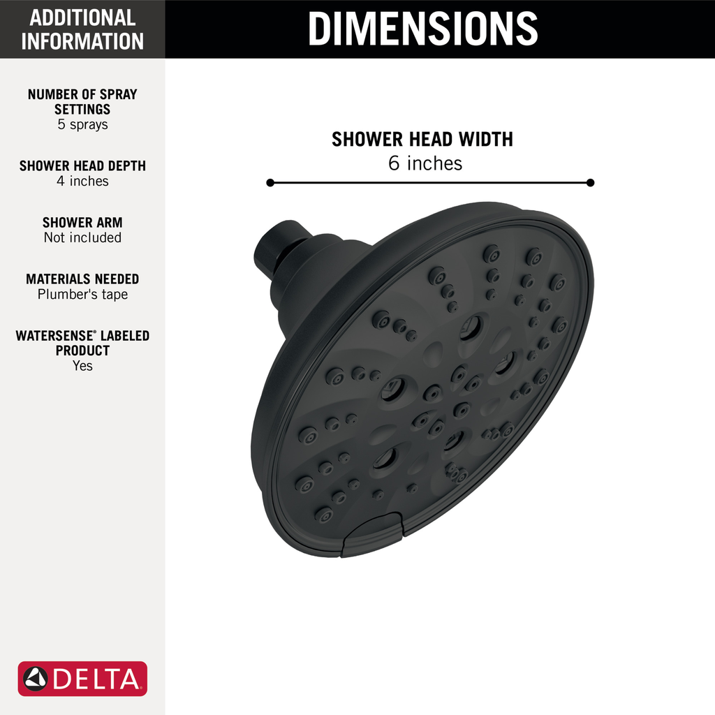 Delta Universal Showering Components: H2Okinetic® 5-Setting Traditional Raincan Shower Head - Matte Black