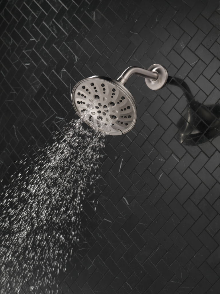 Delta Universal Showering Components: H2Okinetic® 5-Setting Traditional Raincan Shower Head - Lumicoat® Stainless