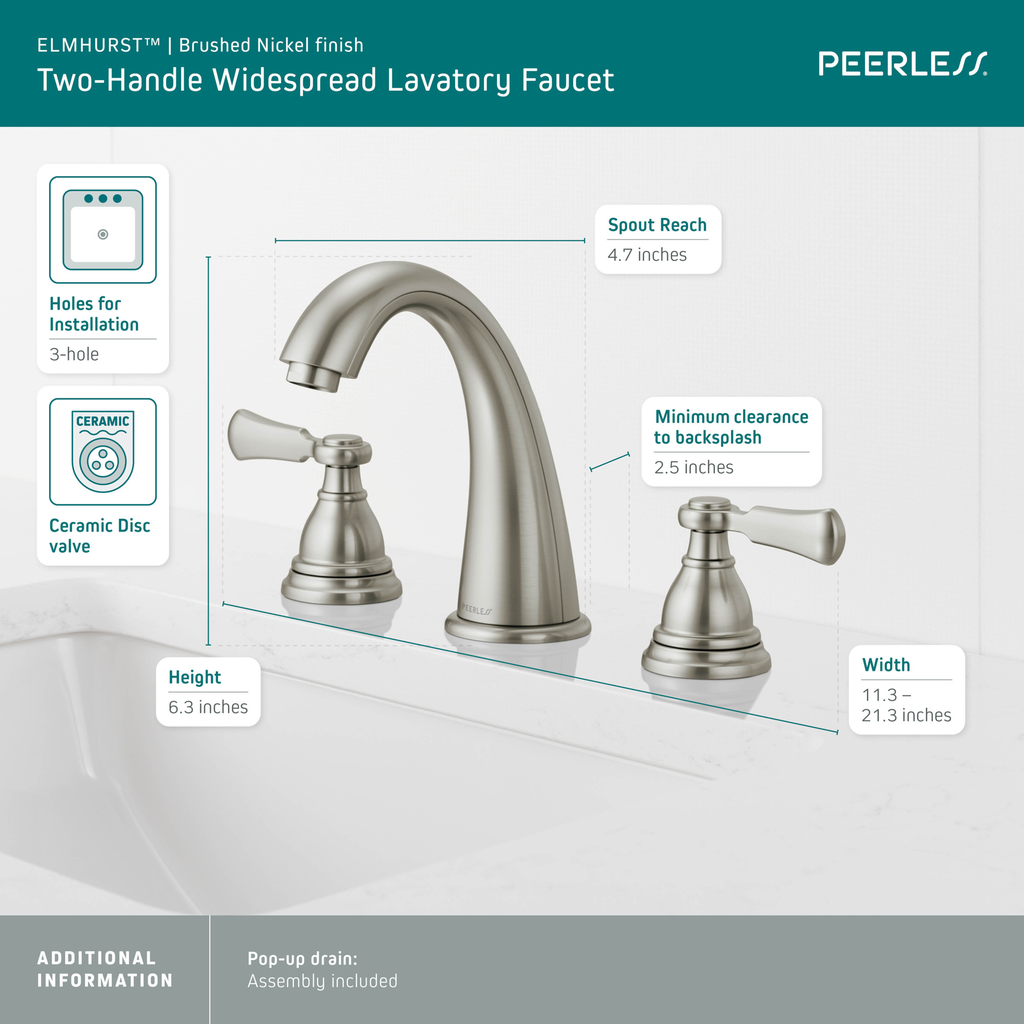 Peerless Elmhurst®: Two-Handle Widespread Bath Faucet - Two Handle Lever - Brushed Nickel