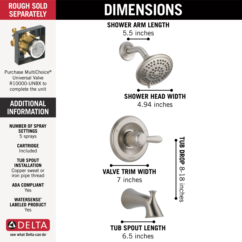 Delta Lahara®: Monitor® 14 Series Tub & Shower Trim - Single Handle Lever - Stainless