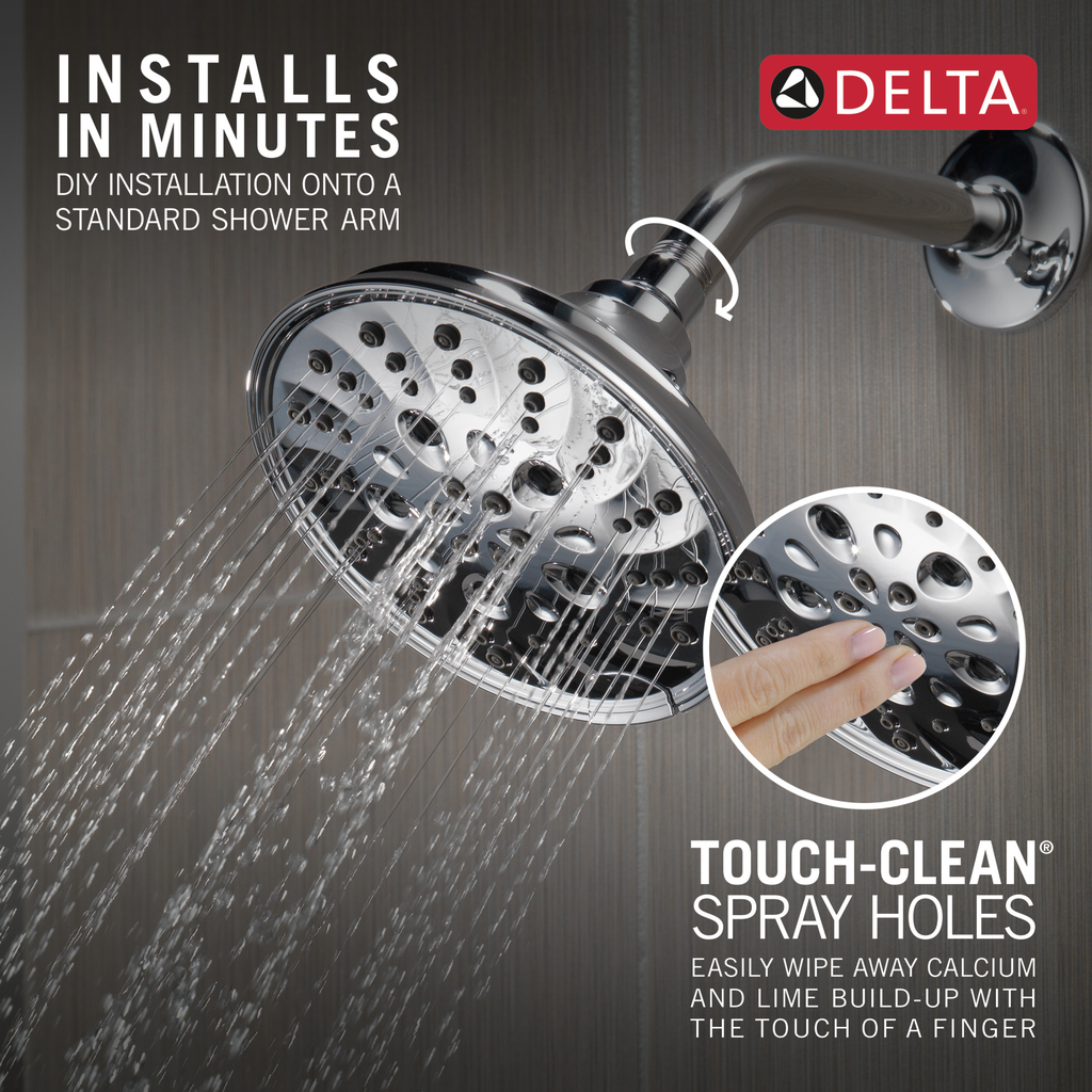 Delta Universal Showering Components: H2Okinetic® 5-Setting Traditional Raincan Shower Head - Lumicoat® Chrome