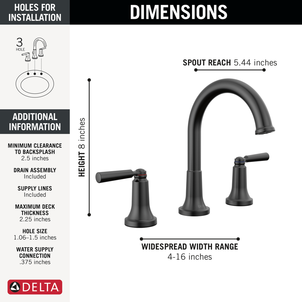 Delta Saylor™: Two Handle Widespread Bathroom Faucet - Two Handle Lever - Matte Black