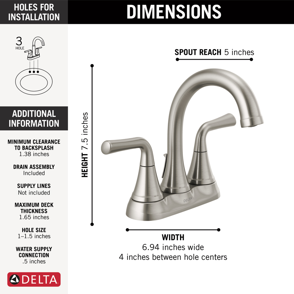 Delta Kayra®: Two Handle Centerset Bathroom Faucet - Two Handle Lever - Stainless