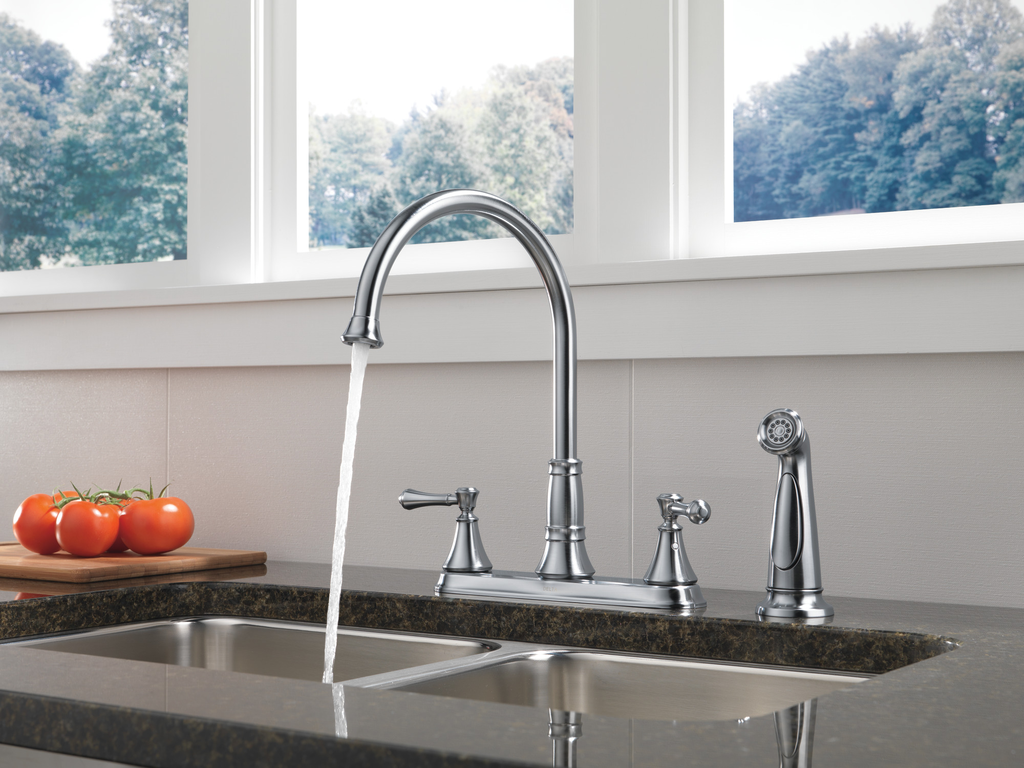 Delta Cassidy®: Two Handle Kitchen Faucet With Spray - Two Handle Lever - Arctic Stainless