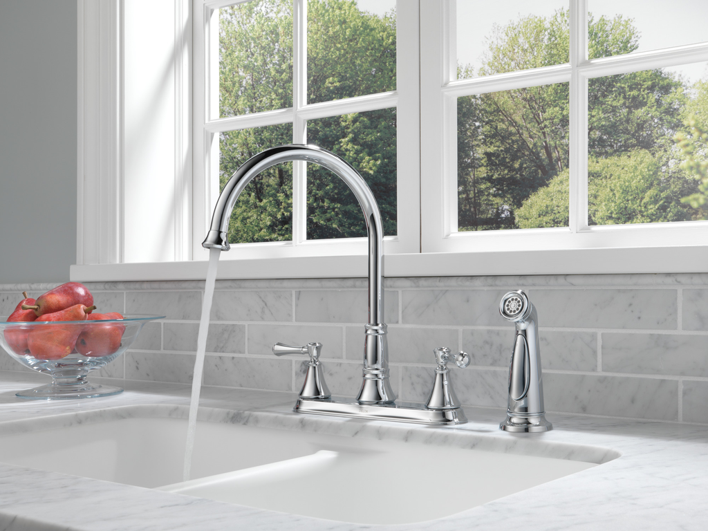 Delta Cassidy®: Two Handle Kitchen Faucet With Spray - Two Handle Lever - Chrome