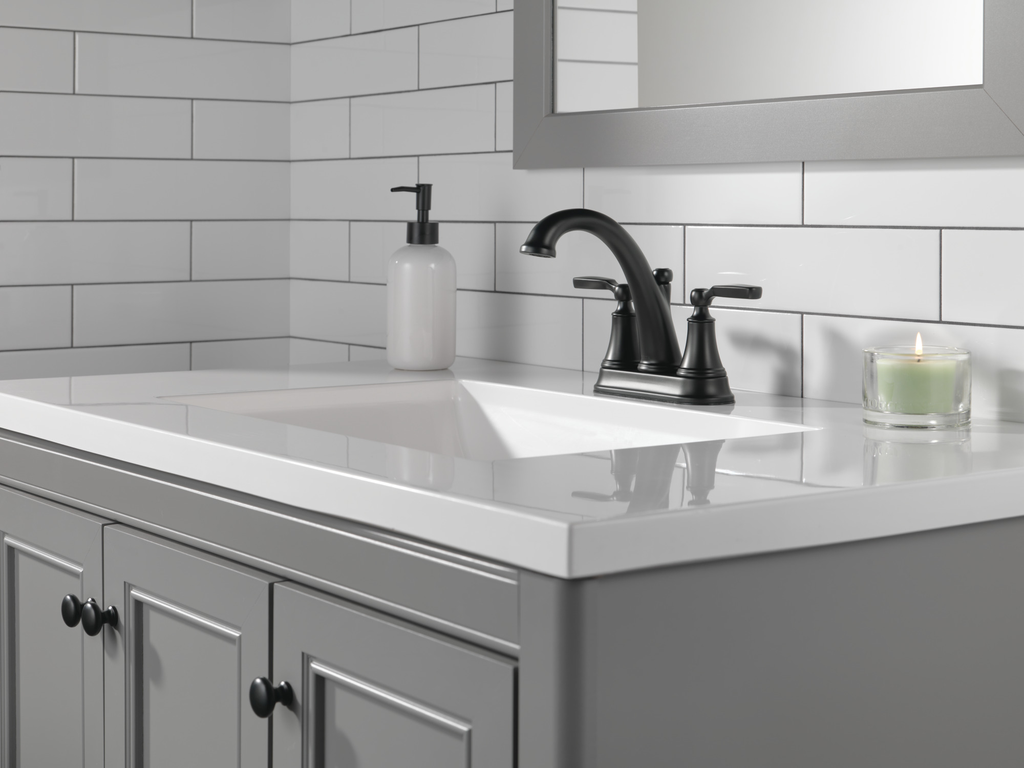 Delta Woodhurst™: Two Handle Centerset Bathroom Faucet - Two Handle Lever - Matte Black