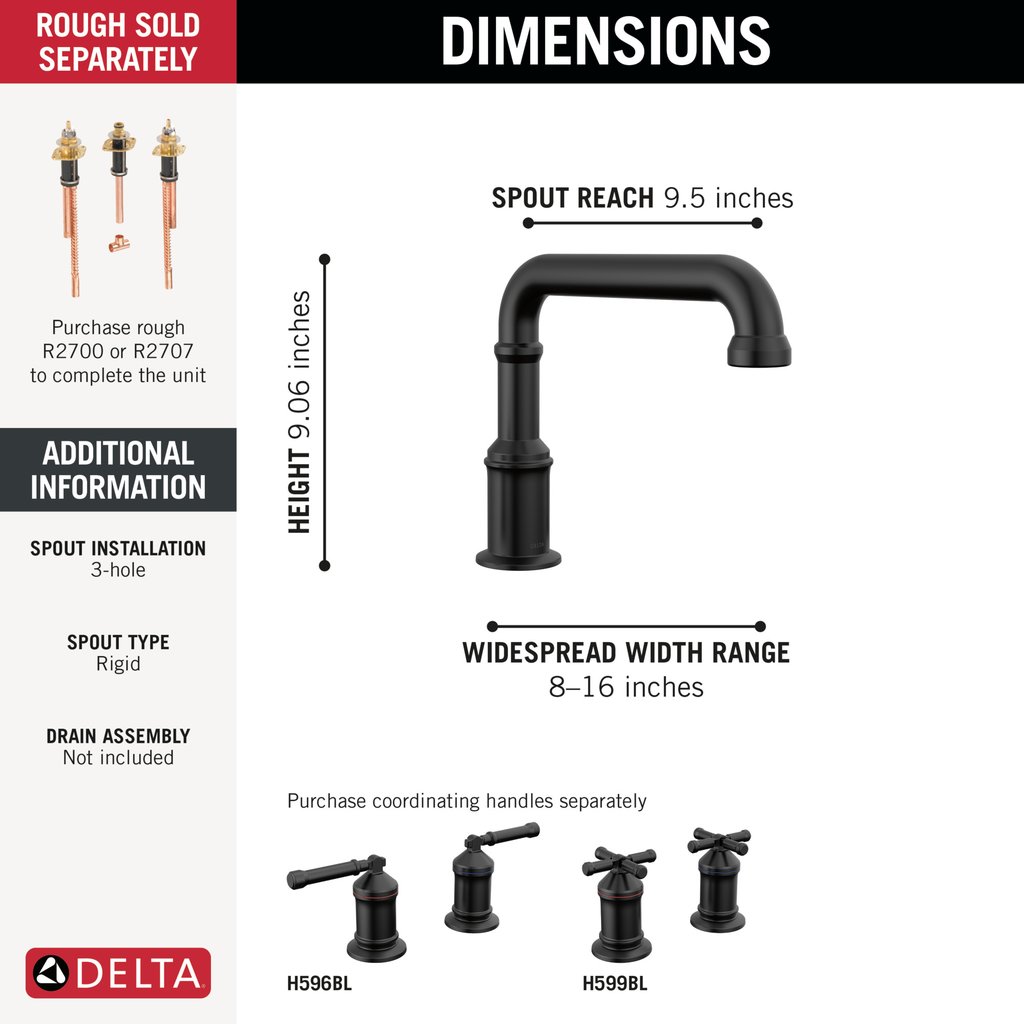 Delta Broderick®: Roman Tub Trim - Less Handles - Matte Black