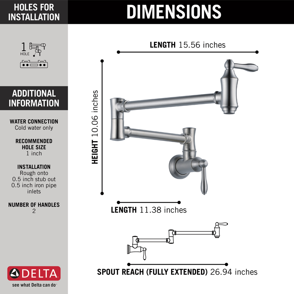 Delta Other: Traditional Wall Mount Pot Filler - Two Handle Lever - Arctic Stainless