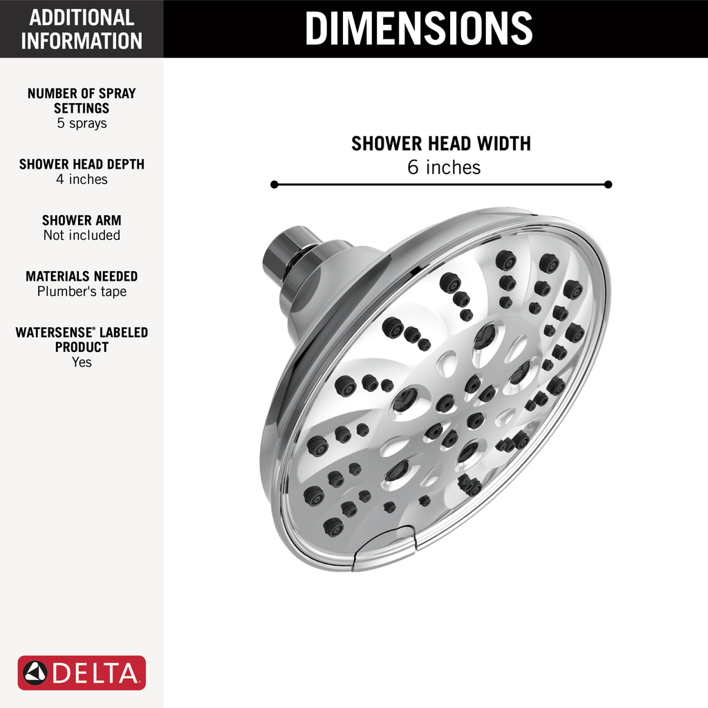 Delta Universal Showering Components: H2Okinetic® 5-Setting Traditional Raincan Shower Head - Lumicoat® Chrome