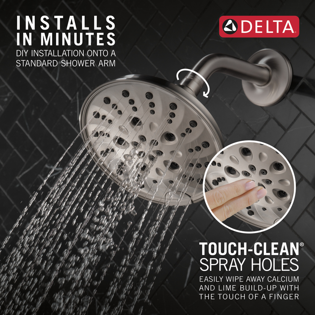 Delta Universal Showering Components: H2Okinetic® 5-Setting Traditional Raincan Shower Head - Lumicoat® Stainless