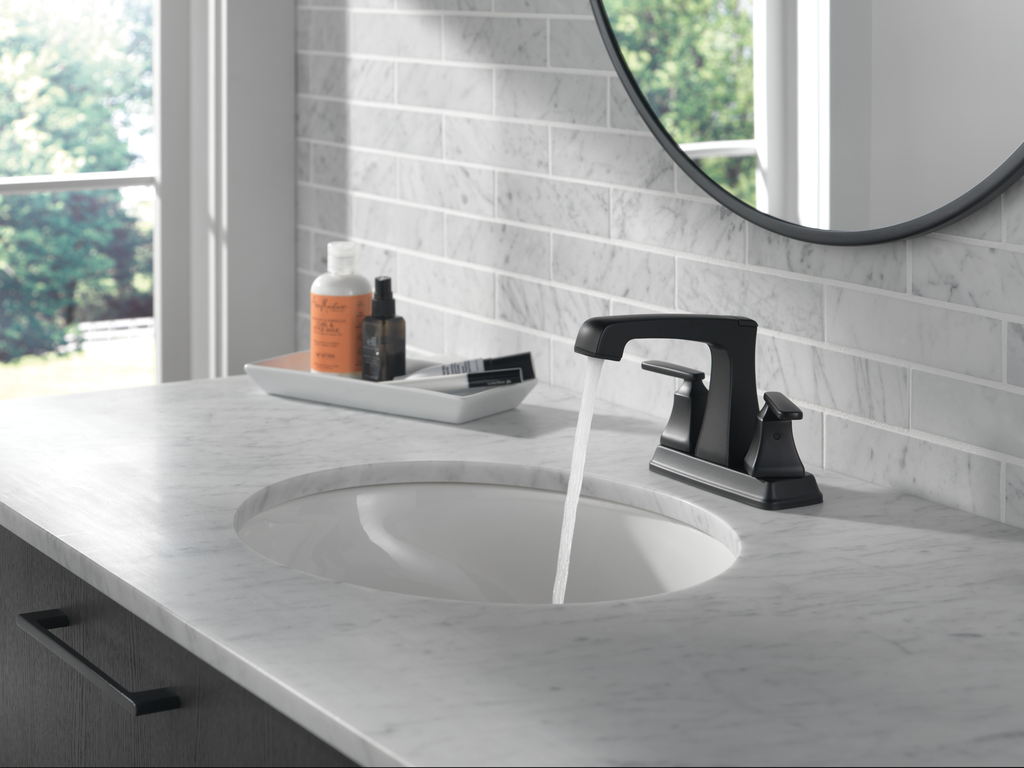 Delta Ashlyn®: Two Handle Centerset Lavatory Faucet - Metal Pop-Up - Two Handle Lever - Matte Black
