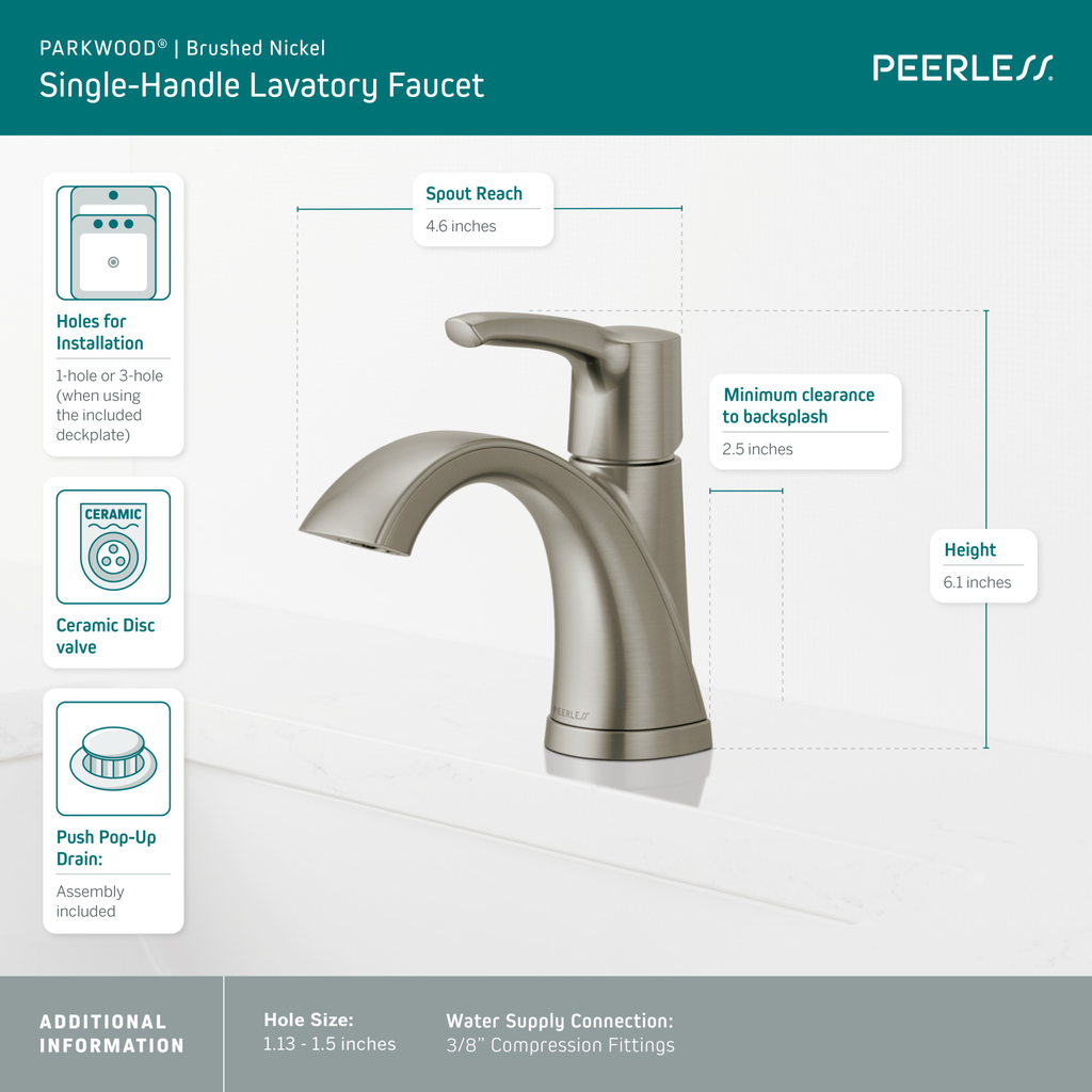 Peerless Parkwood®: Single Handle Lavatory Faucet - Single Handle Lever - Brushed Nickel