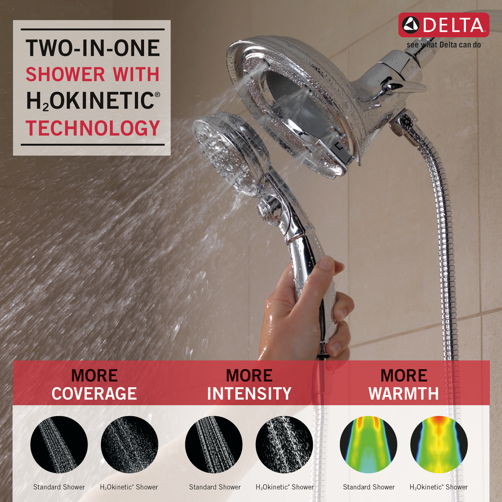 Delta Universal Showering Components: H2Okinetic® In2Ition® 4-Setting Two-In-One Shower - Chrome