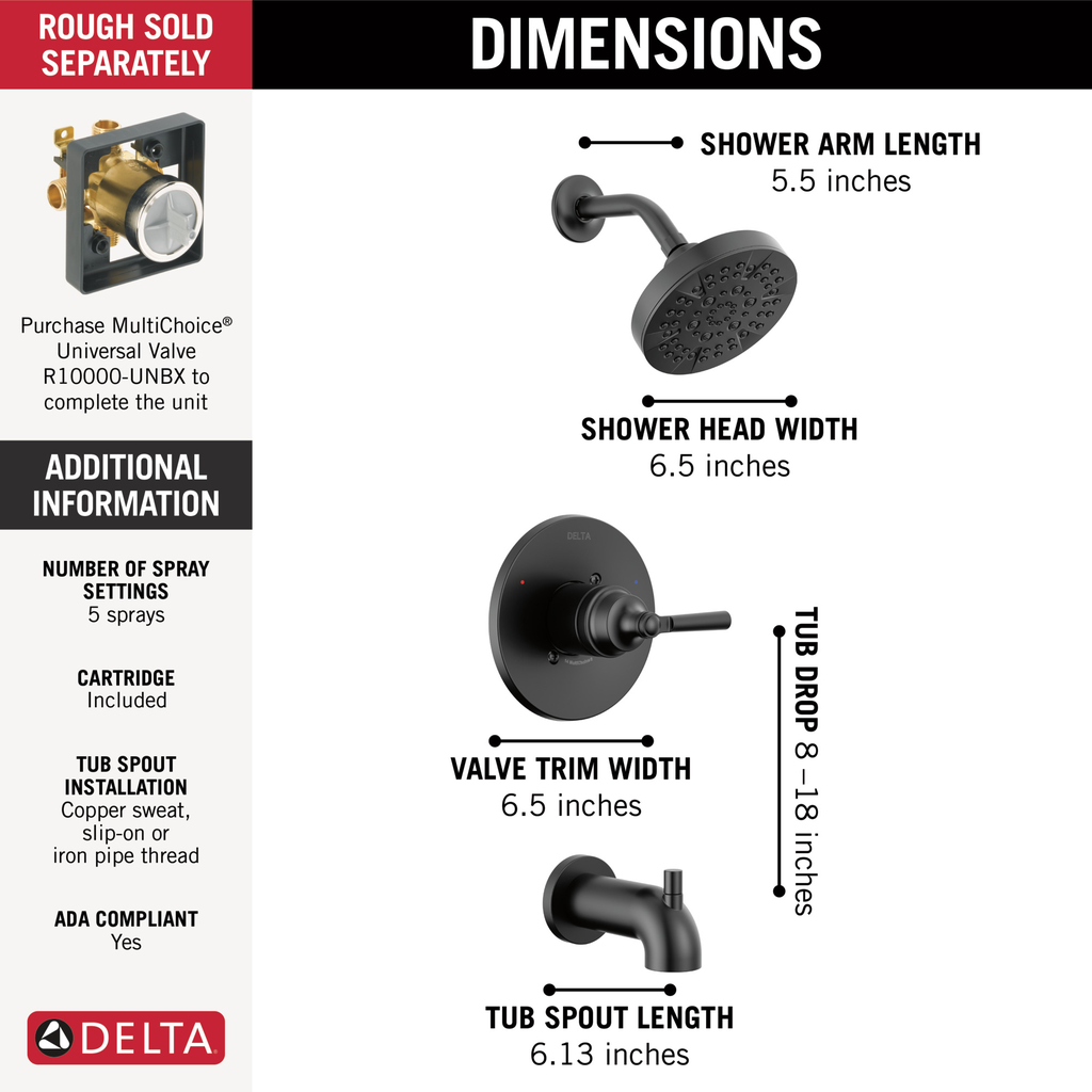 Delta Saylor™: Monitor® 14 Series Tub & Shower Trim - Single Handle Lever - Matte Black