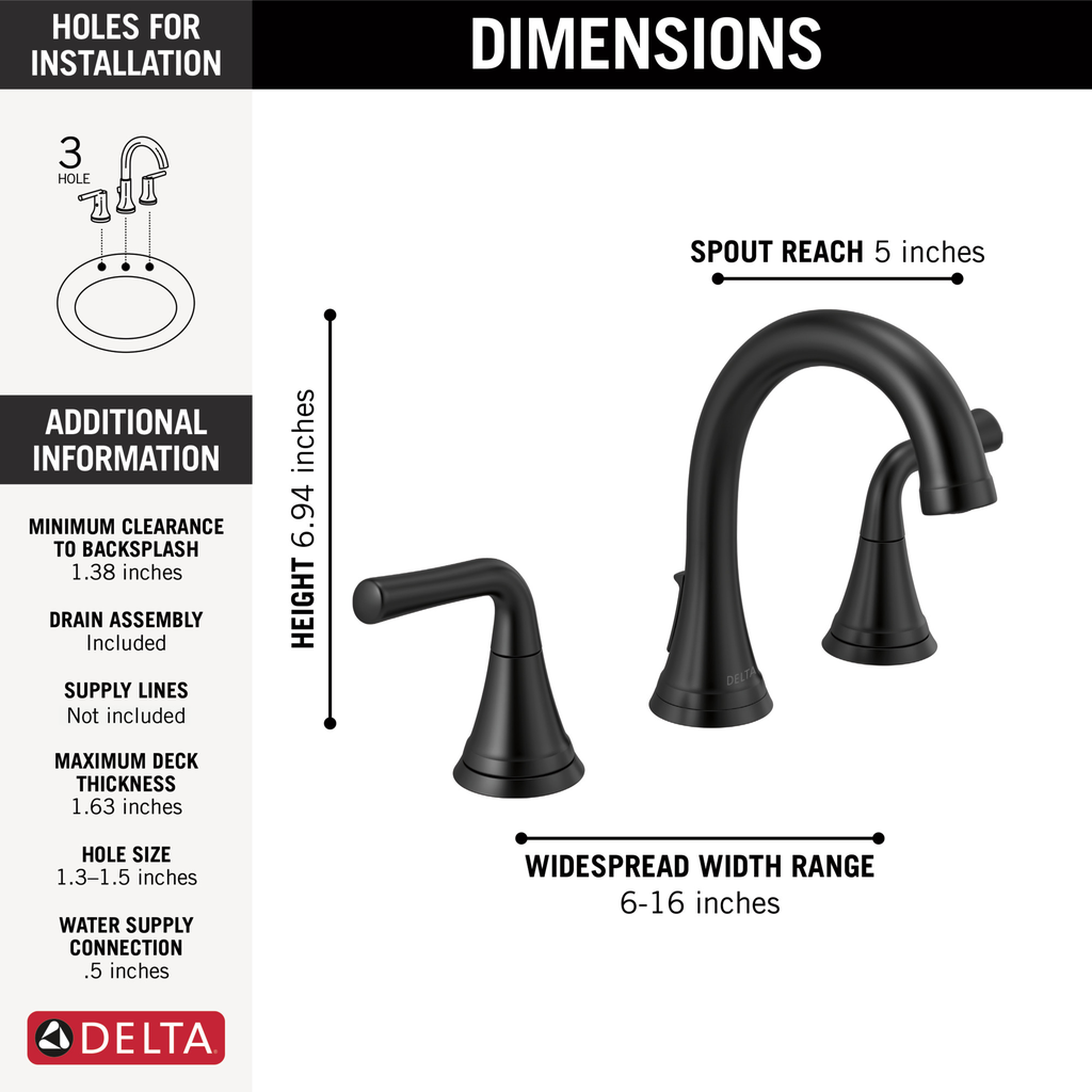 Delta Kayra®: Two Handle Widespread Bathroom Faucet - Two Handle Lever - Matte Black