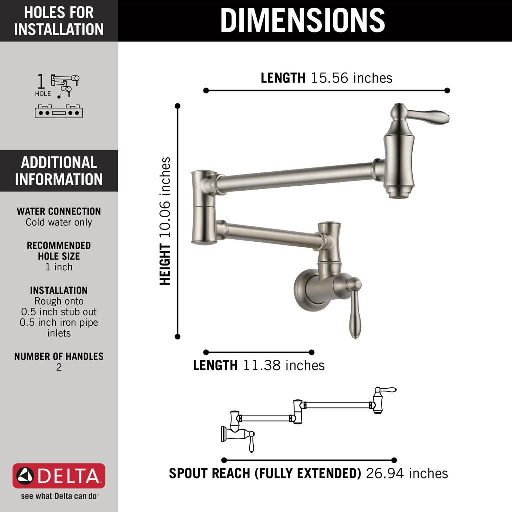 Delta Other: Traditional Wall Mount Pot Filler - Two Handle Lever - Stainless