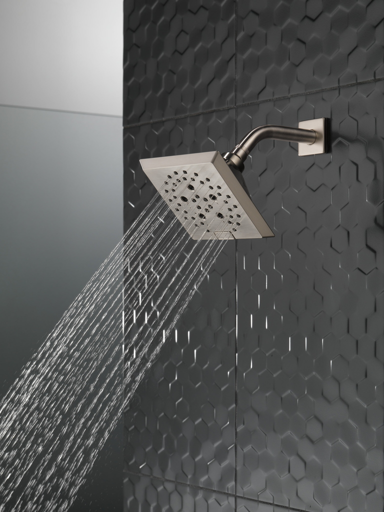 Delta Universal Showering Components: H2Okinetic® 5-Setting Angular Modern Raincan Shower Head - Stainless