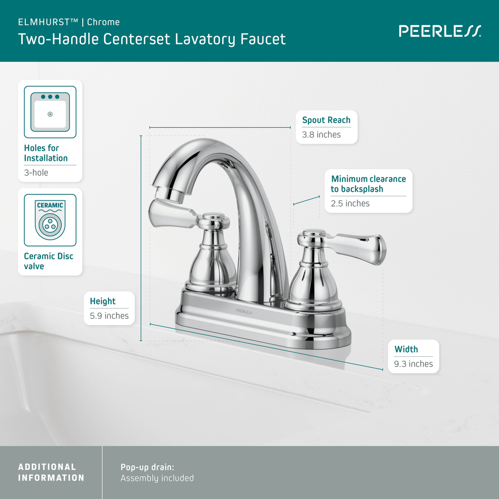 Peerless Elmhurst®: Two-Handle Centerset Bath Faucet - Two Handle Lever - Chrome