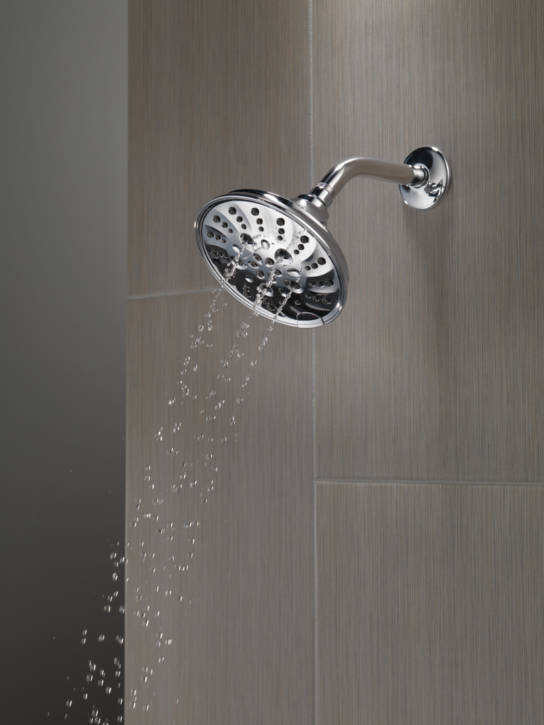 Delta Universal Showering Components: H2Okinetic® 5-Setting Traditional Raincan Shower Head - Lumicoat® Chrome