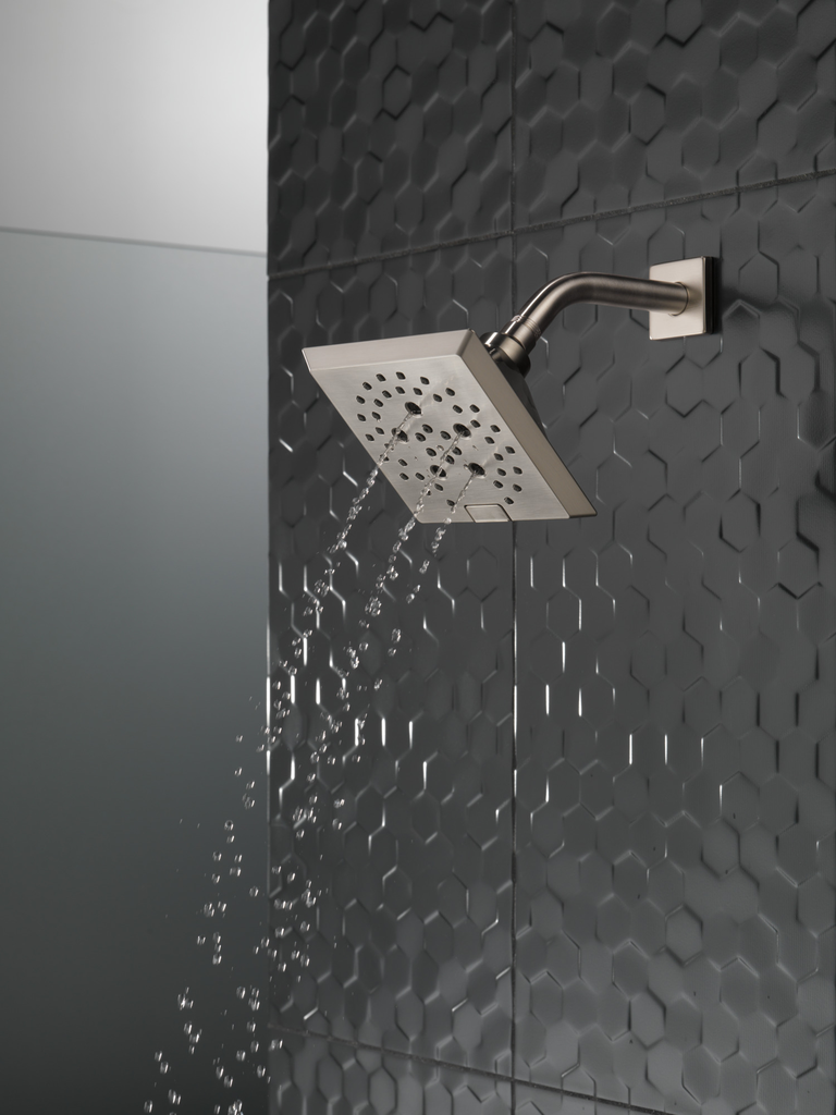 Delta Universal Showering Components: H2Okinetic® 5-Setting Angular Modern Raincan Shower Head - Lumicoat® Stainless