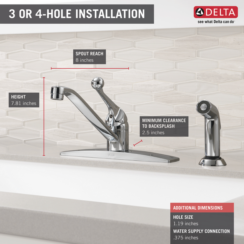 Delta 134 / 100 / 300 / 400 Series: Single Handle Kitchen Faucet With Spray - Single Handle Lever - Chrome