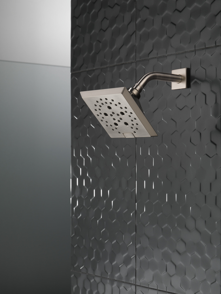 Delta Universal Showering Components: H2Okinetic® 5-Setting Angular Modern Raincan Shower Head - Stainless