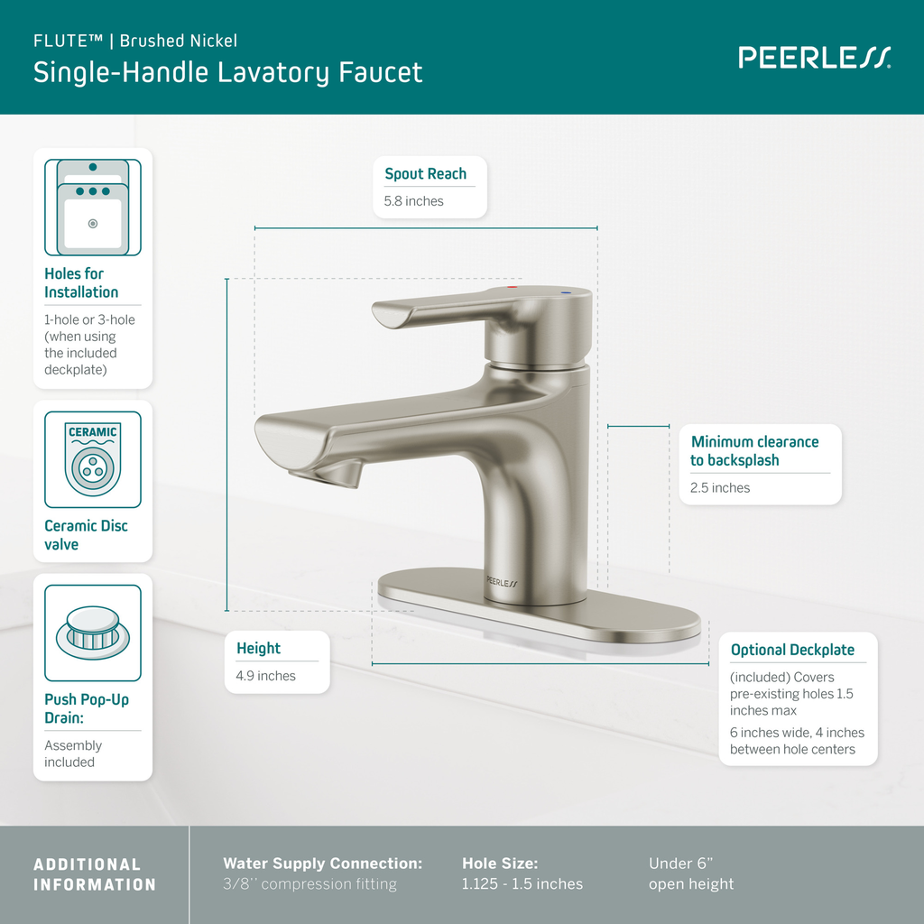 Peerless Flute™: Single Top Handle Lavatory Faucet - Single Handle Lever - Brushed Nickel