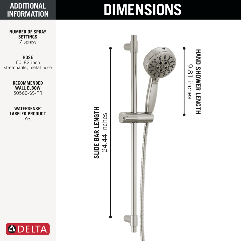 Delta Universal Showering Components: 7-Setting Slide Bar Hand Shower With Cleaning Spray - Lumicoat® Stainless