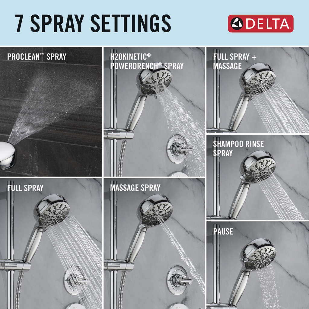 Delta Universal Showering Components: 7-Setting Slide Bar Hand Shower With Cleaning Spray - Lumicoat® Chrome