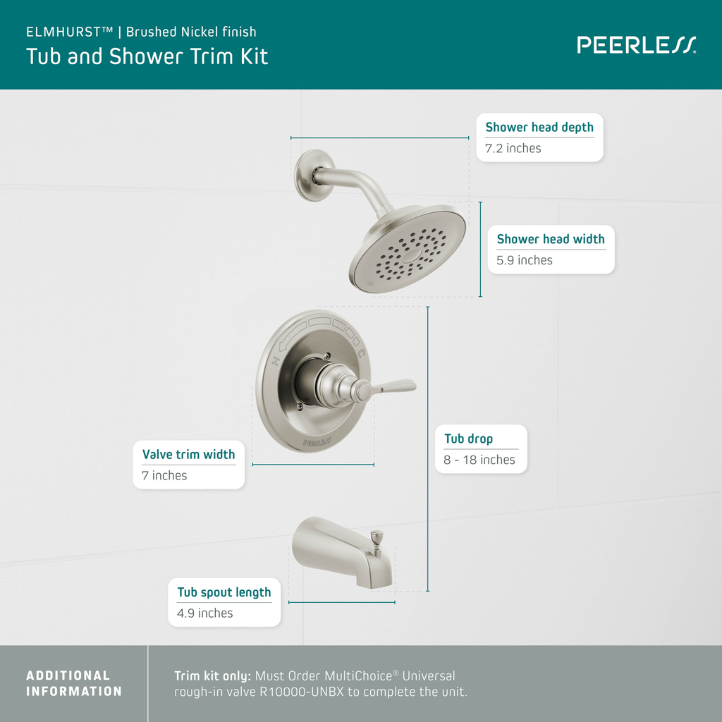 Peerless Elmhurst®: Tub Shower Trim Kit - Single Handle Lever - Brushed Nickel