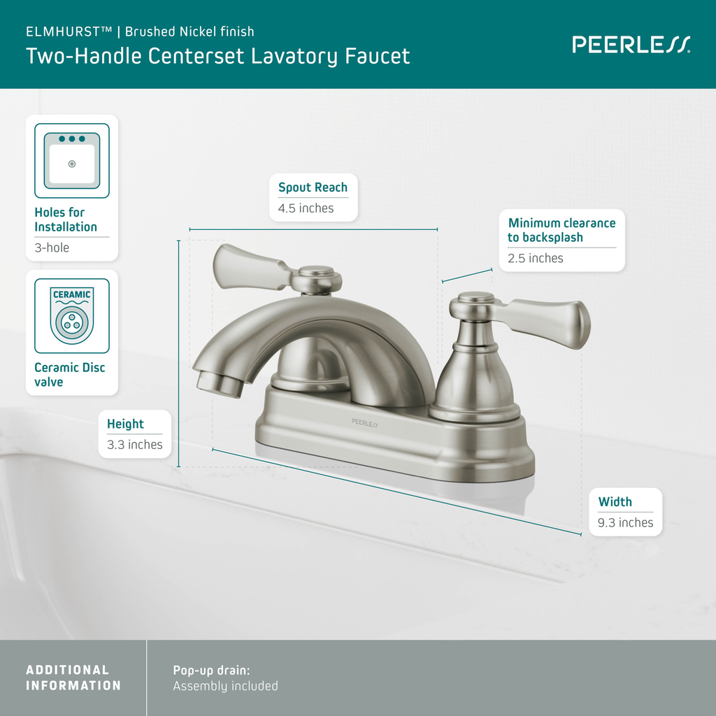 Peerless Elmhurst®: Two-Handle Centerset Bath Faucet - Two Handle Lever - Brushed Nickel