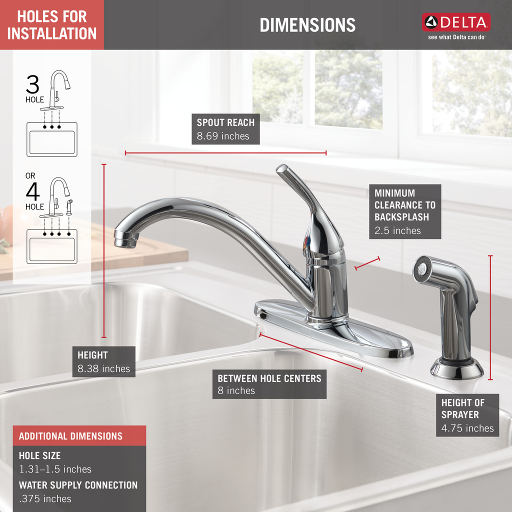 Delta 134 / 100 / 300 / 400 Series: Single Handle Kitchen Faucet With Spray - Single Handle Lever - Chrome