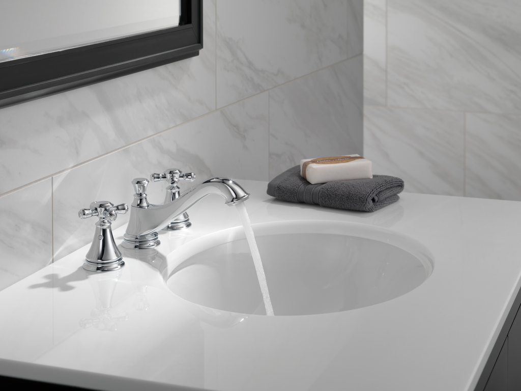 Delta Cassidy®: Two Handle Widespread Bathroom Faucet - Low Arc Spout - Less Handles - Two Handle LHP - Chrome