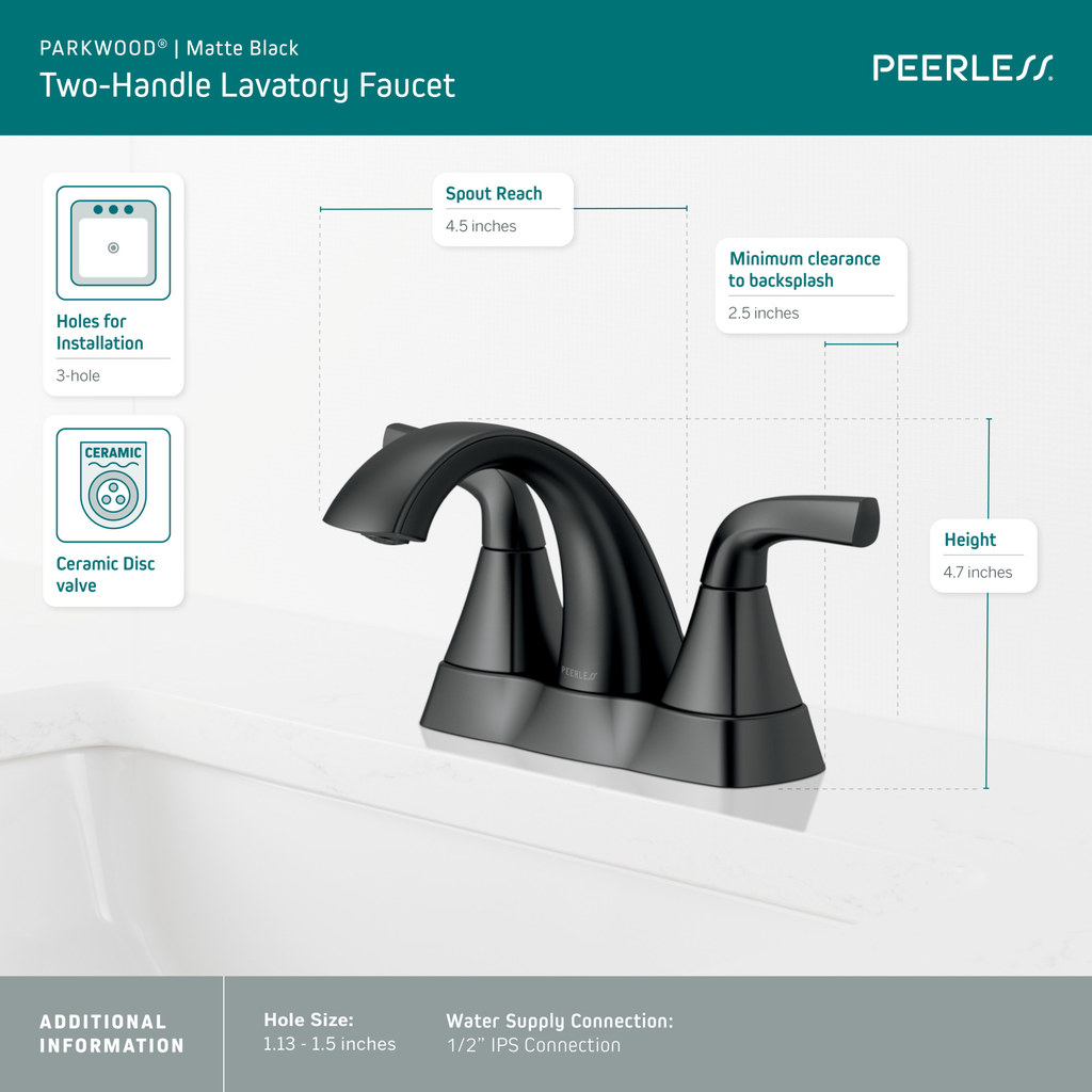 Peerless Parkwood®: Two Handle Centerset Lavatory Faucet - Two Handle Lever - Matte Black