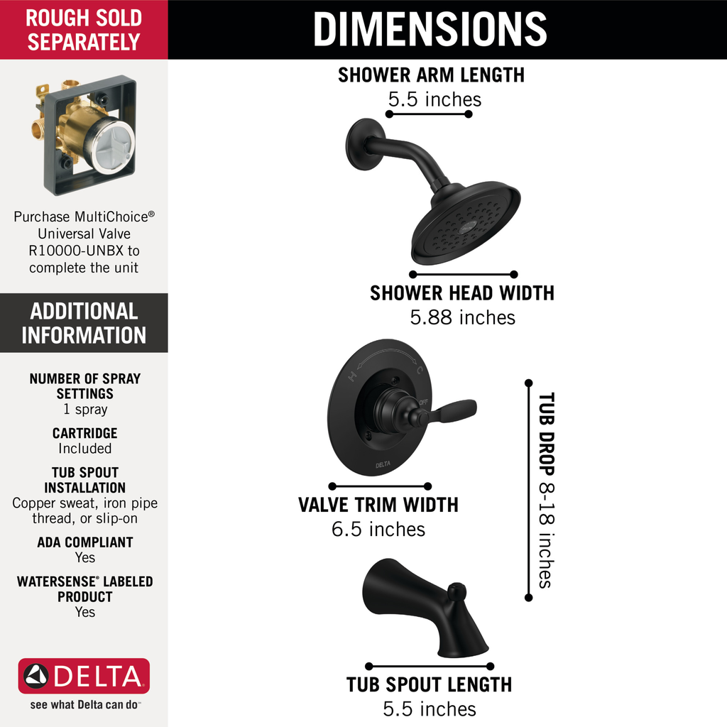 Delta Woodhurst™: Tub & Shower Trim - Single Handle Lever - Matte Black