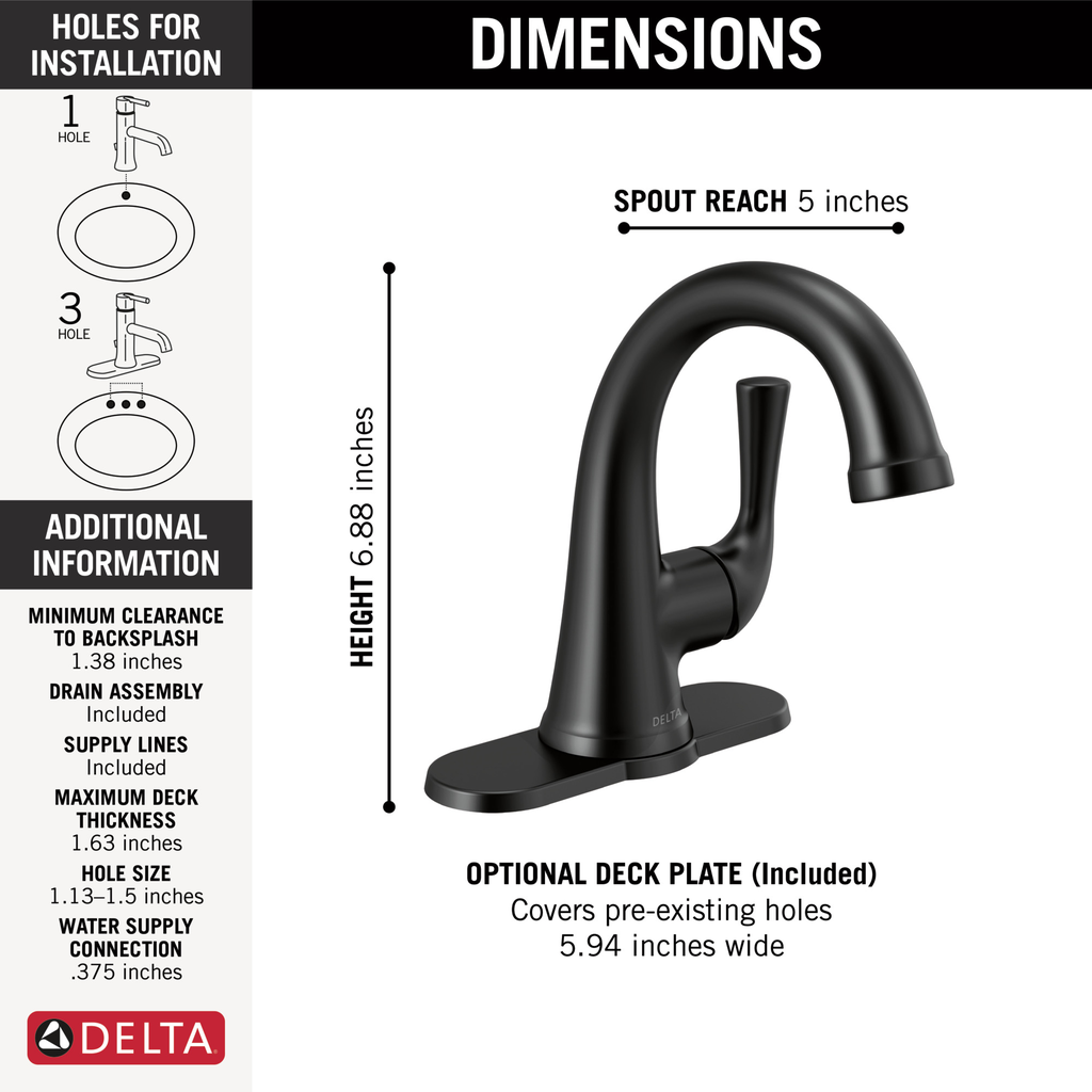 Delta Kayra®: Single Handle Bathroom Faucet - Single Handle Lever - Matte Black
