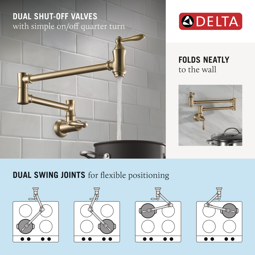Delta Other: Traditional Wall Mount Pot Filler - Two Handle Lever - Stainless