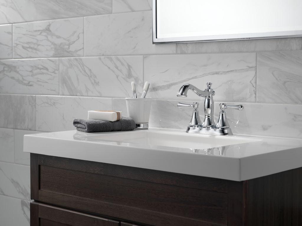 Delta Cassidy®: Two Handle Centerset Bathroom Faucet - Metal Pop-Up - Two Handle Lever - Chrome