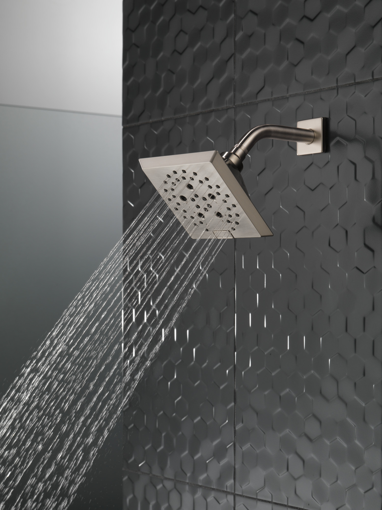 Delta Universal Showering Components: H2Okinetic® 5-Setting Angular Modern Raincan Shower Head - Lumicoat® Stainless