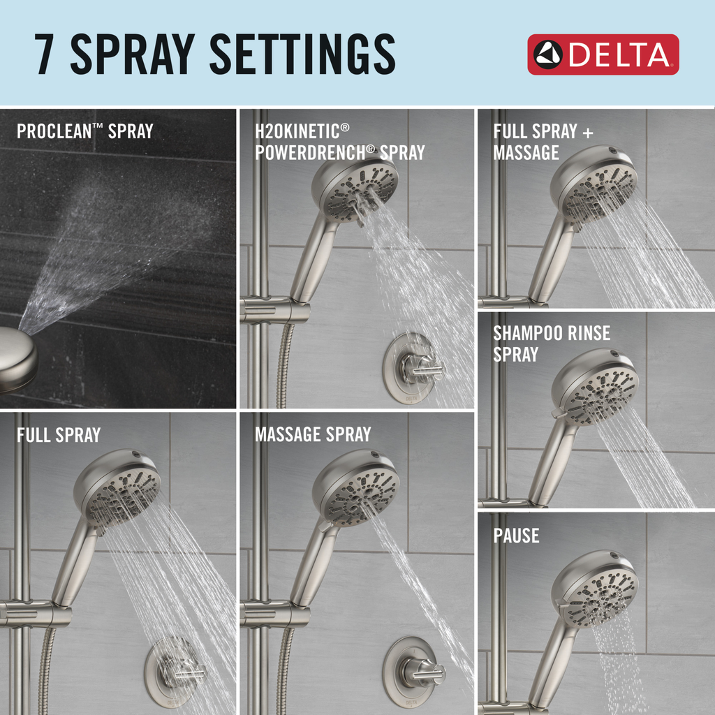 Delta Universal Showering Components: 7-Setting Slide Bar Hand Shower With Cleaning Spray - Lumicoat® Stainless