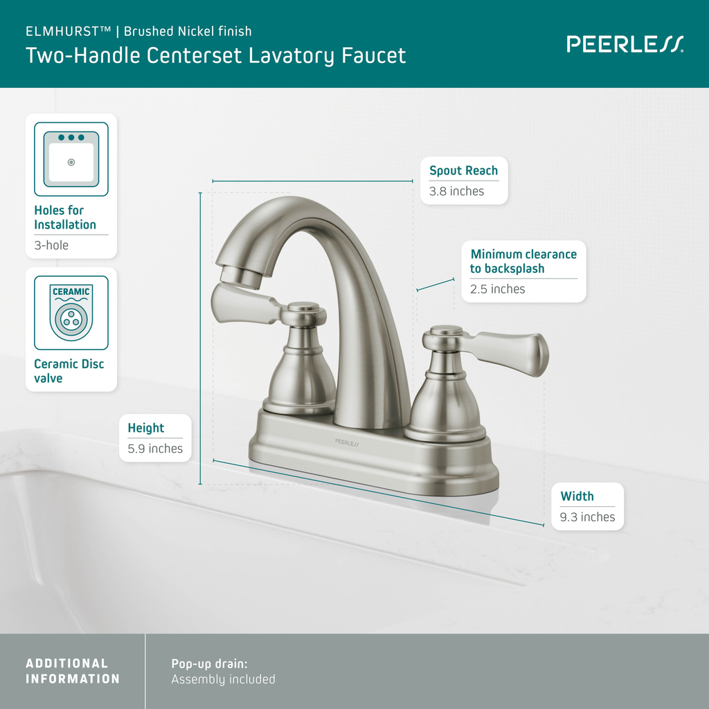 Peerless Elmhurst®: Two-Handle Centerset Bath Faucet - Two Handle Lever - Brushed Nickel