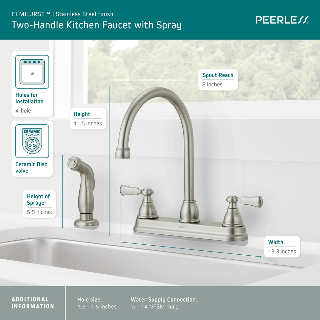 Peerless Elmhurst®: Two-Handle Kitchen Faucet With Spray - Two Handle Lever - Stainless