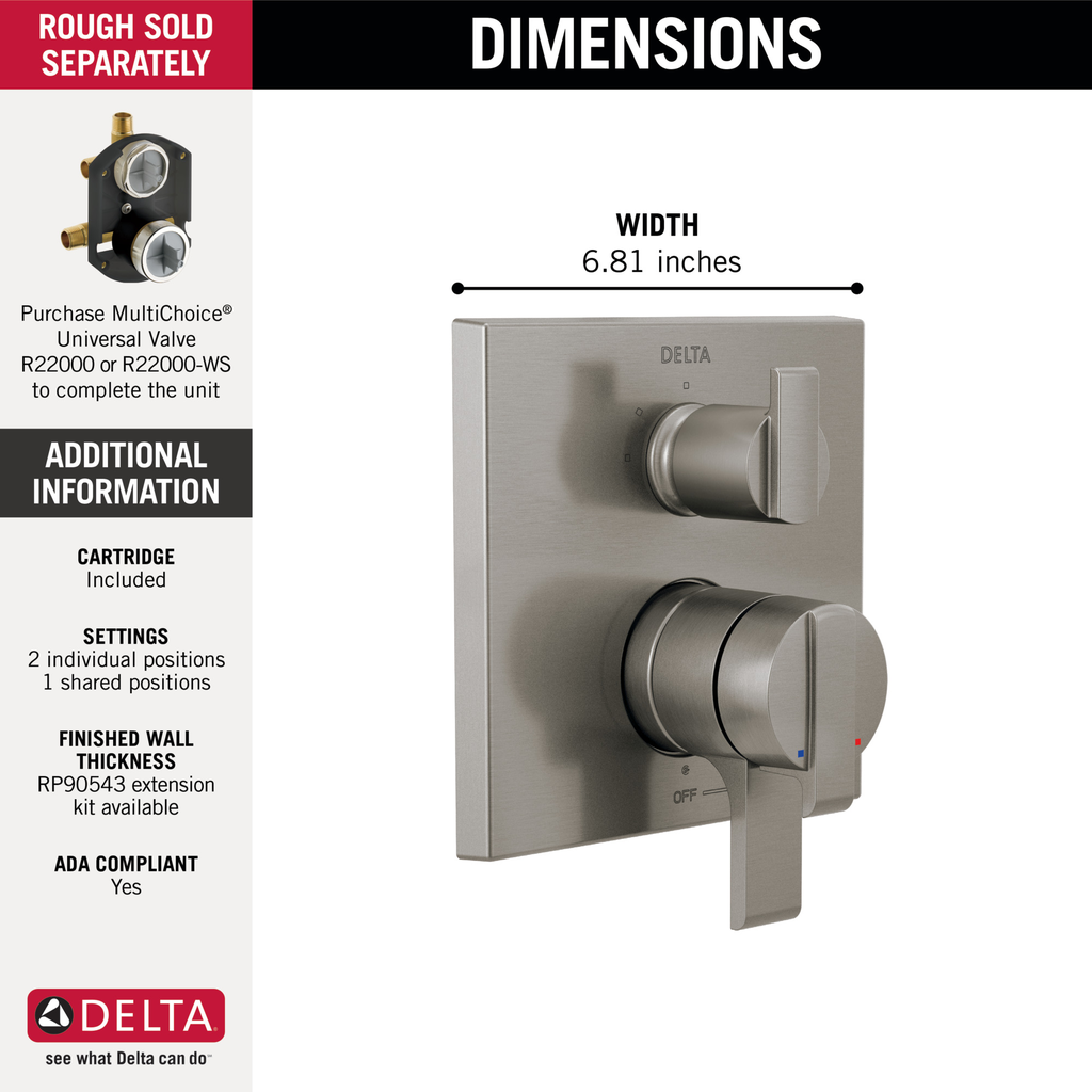Delta Ara®: Angular Modern Monitor® 17 Series Valve Trim With 3-Setting Integrated Diverter - Two Handle Lever - Stainless