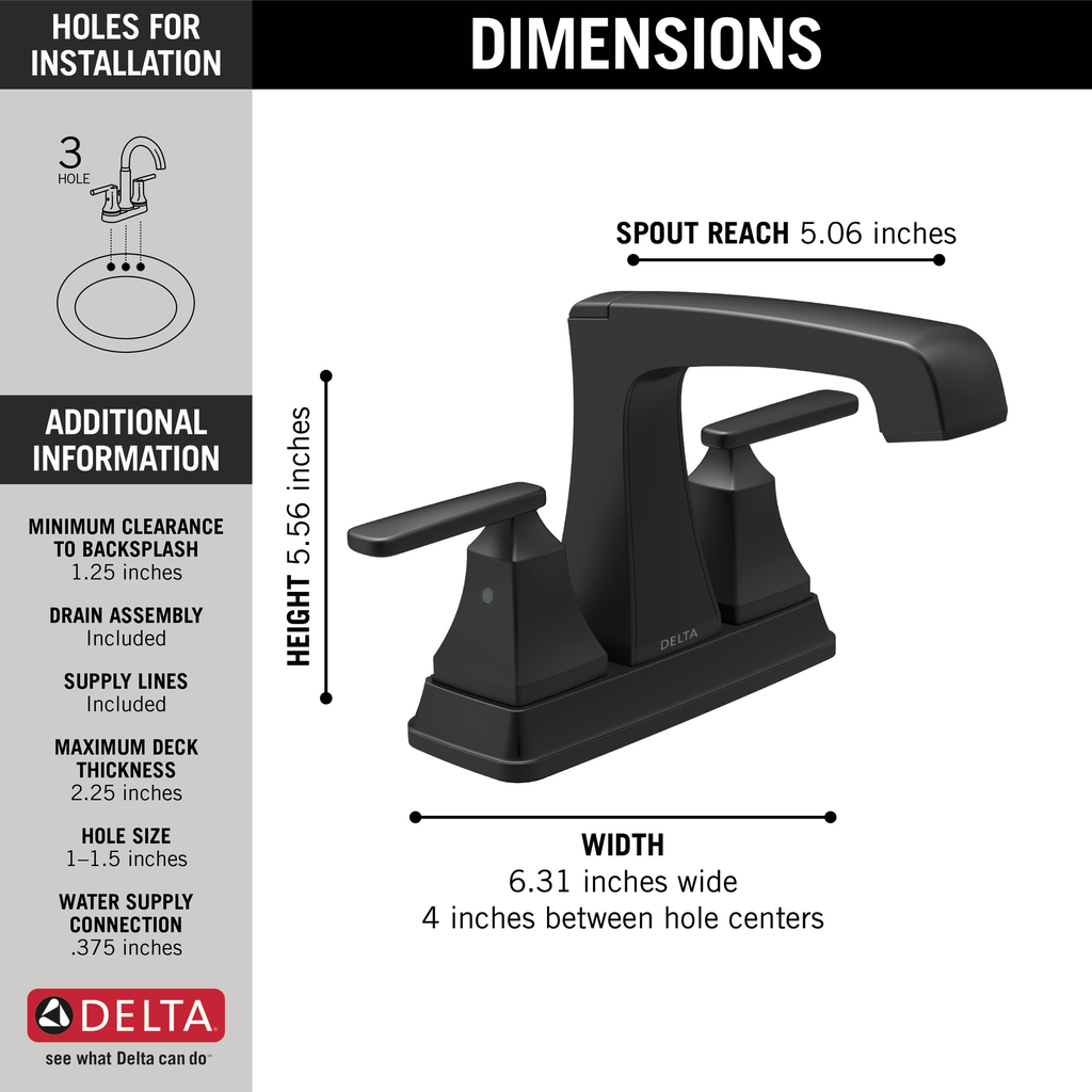 Delta Ashlyn®: Two Handle Centerset Lavatory Faucet - Metal Pop-Up - Two Handle Lever - Matte Black
